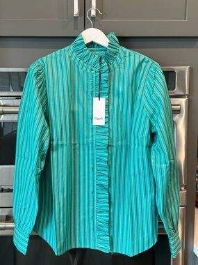 Clare V Cotton Teal Green Striped Ruffle-Front Shirt.